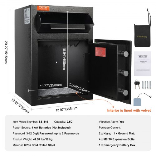 VEVOR 2.5 Cub Depository Safe, Deposit Safe with Drop Slot, Electronic Code Lock and 2 Emergency Keys, 20.27'' x 13.97'' x 13.97'' Business Drop Slot Safe for Cash, Mail in Home, Hotel, Office