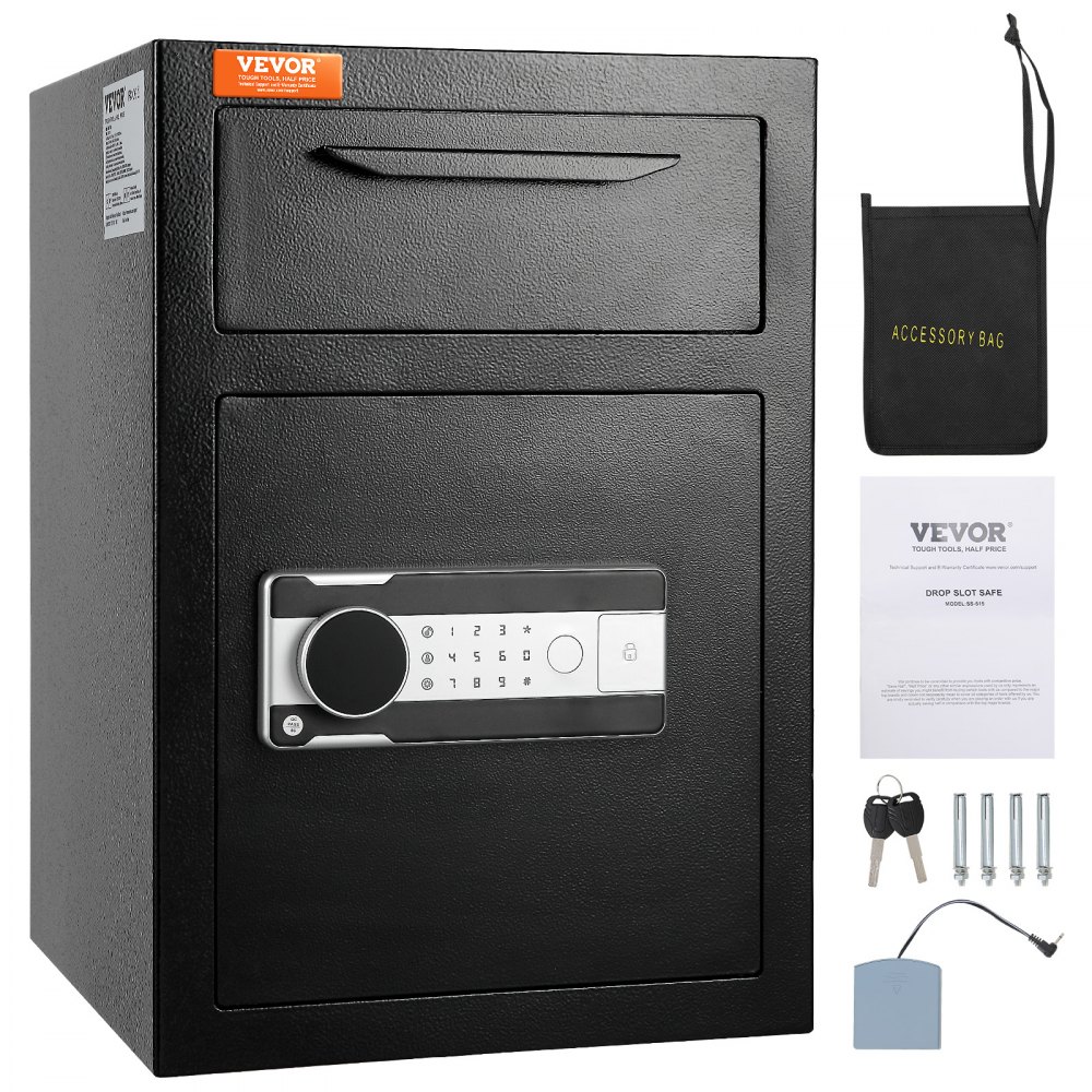 VEVOR depository safe with digital keypad, accessory bag, keys, and mounting hardware.