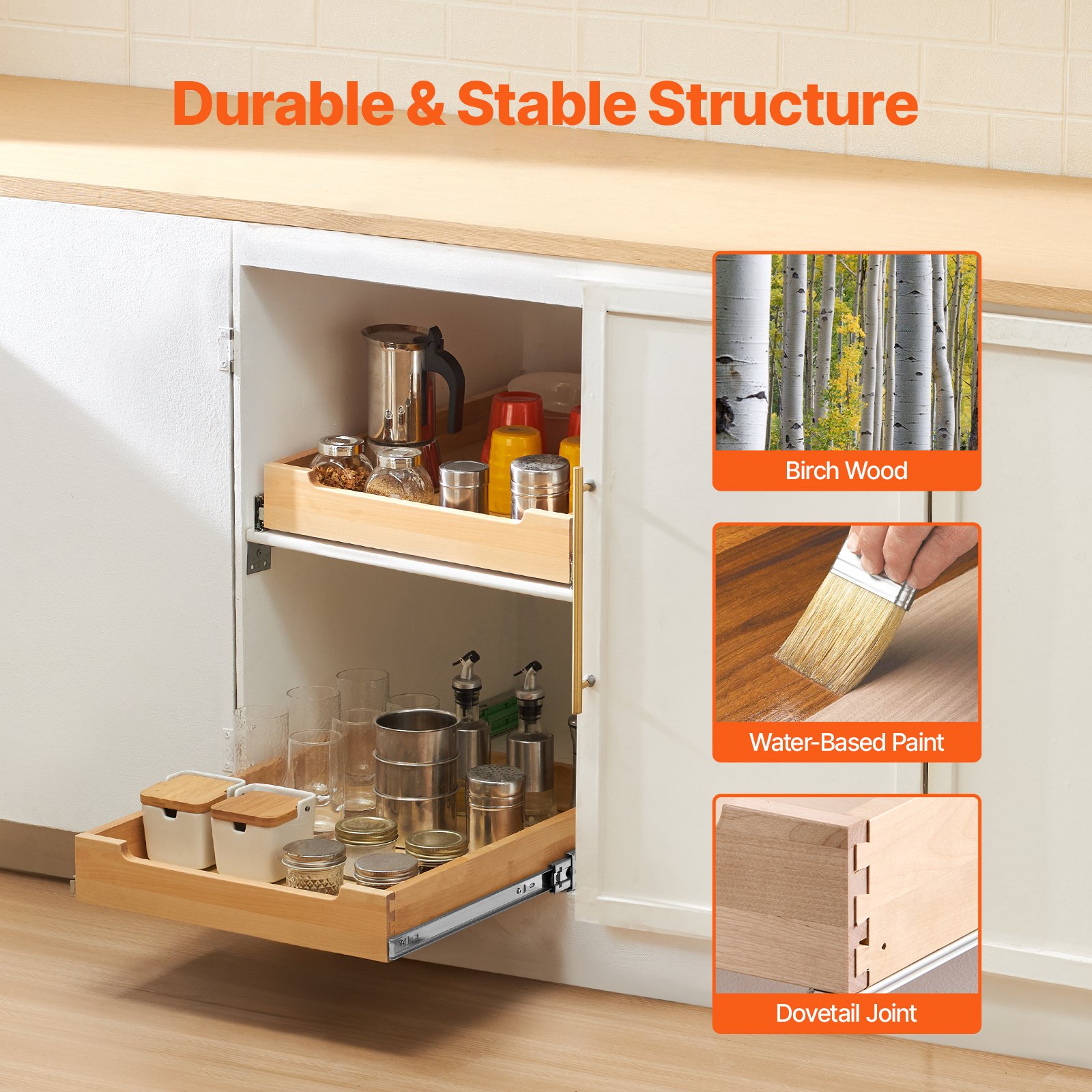 VEVOR Pull Out Cabinet Organizer, 17"W x 21"D Cabinet Drawer, Soft Close Slide out Shelf, Heavy-Duty Sliding Wood Drawer, Bottom and Side Assembly Base Cabinet Organization for Kitchen Pantry Bathroom