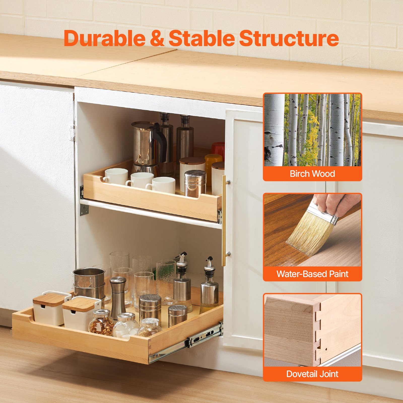 VEVOR Pull Out Cabinet Organizer, 20"W x 21"D Cabinet Drawer, Soft Close Slide out Shelf, Heavy-Duty Sliding Wood Drawer, Bottom and Side Assembly Base Cabinet Organization for Kitchen Pantry Bathroom