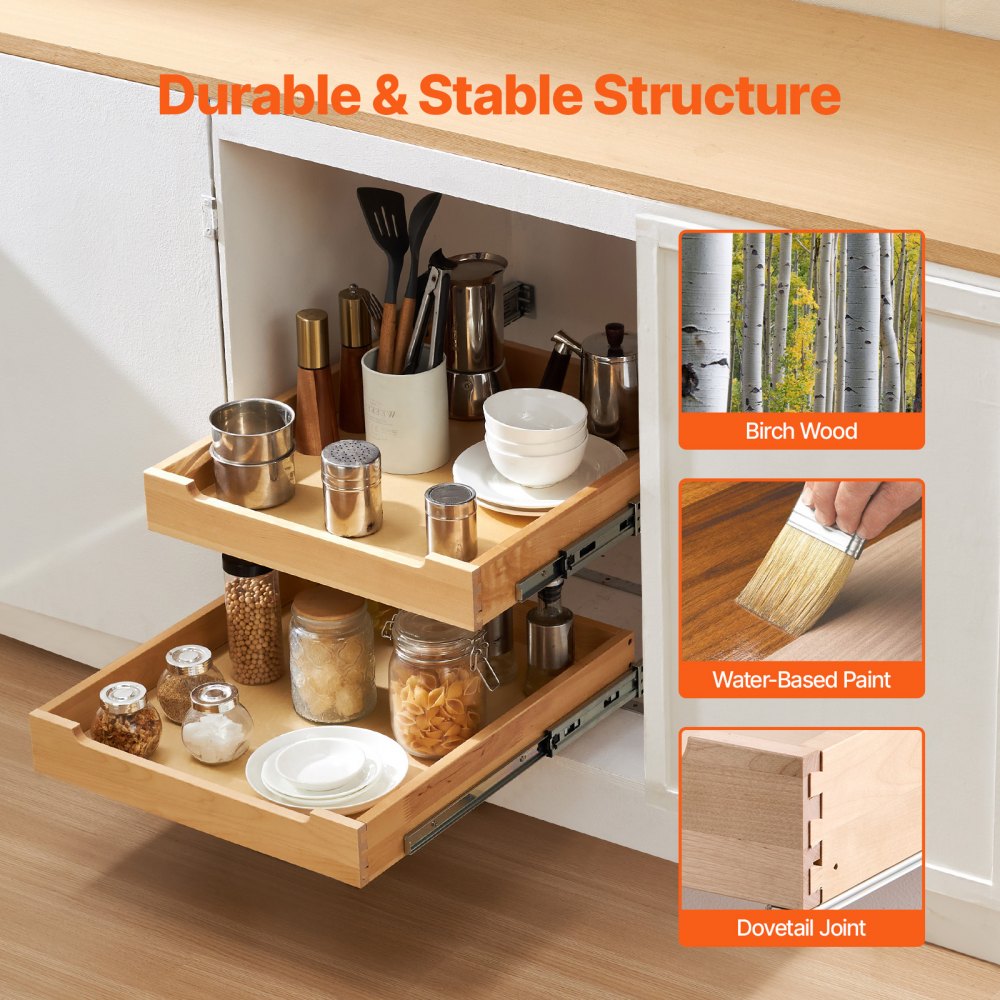 VEVOR 2 Tier Pull Out Cabinet Organizer, 20"W x 21"D Cabinet Drawer, Soft Close Slide out Shelf, Heavy-Duty Sliding Wood Drawer, Adjustable Base Cabinet Organization for Kitchen Pantry Bathroom