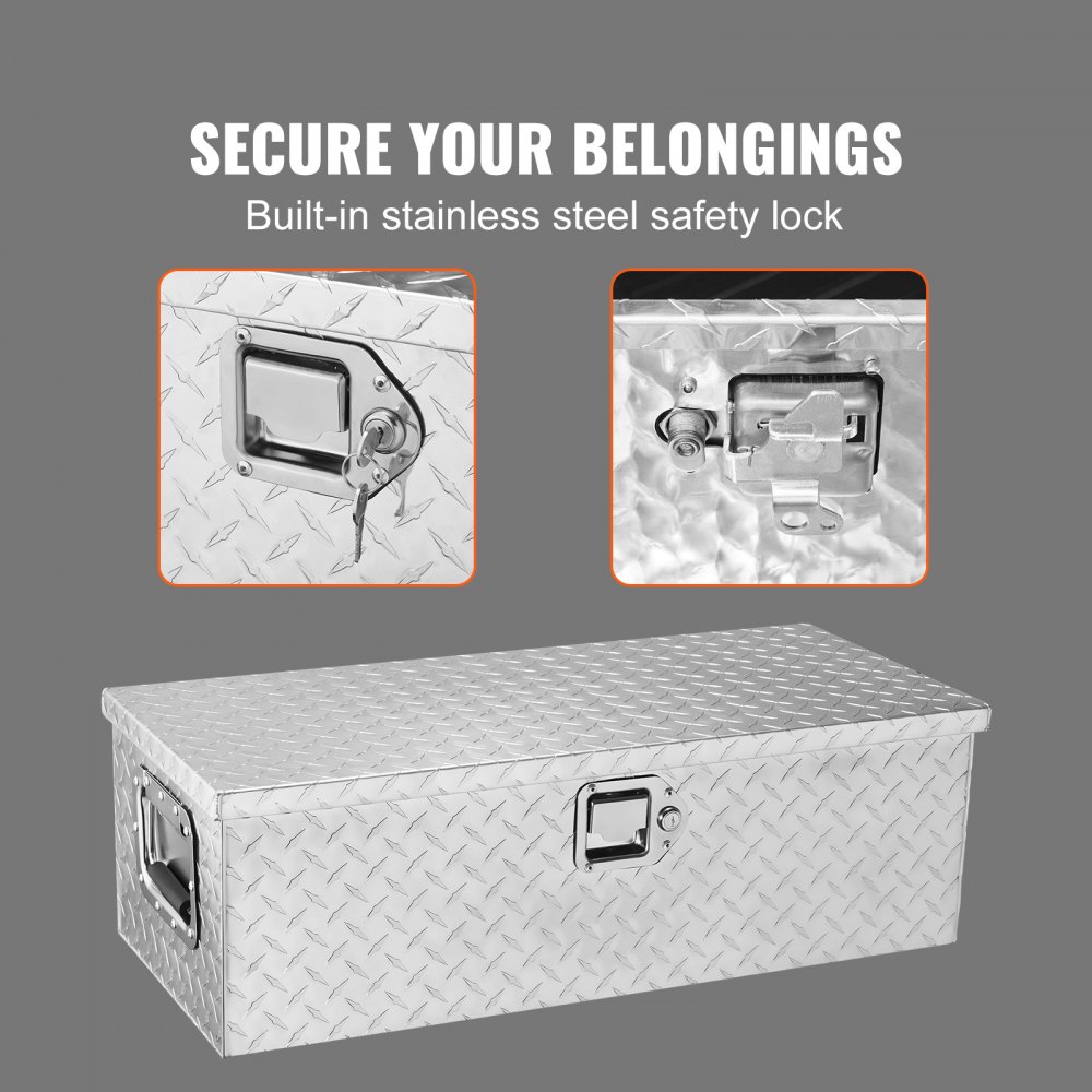 VEVOR aluminum truck bed tool box with built-in stainless steel safety lock securing belongings.