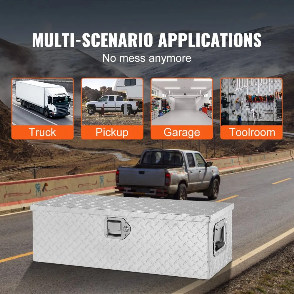 VEVOR aluminum truck bed tool box on road with multi-scenario applications for truck, pickup, garage, toolroom.