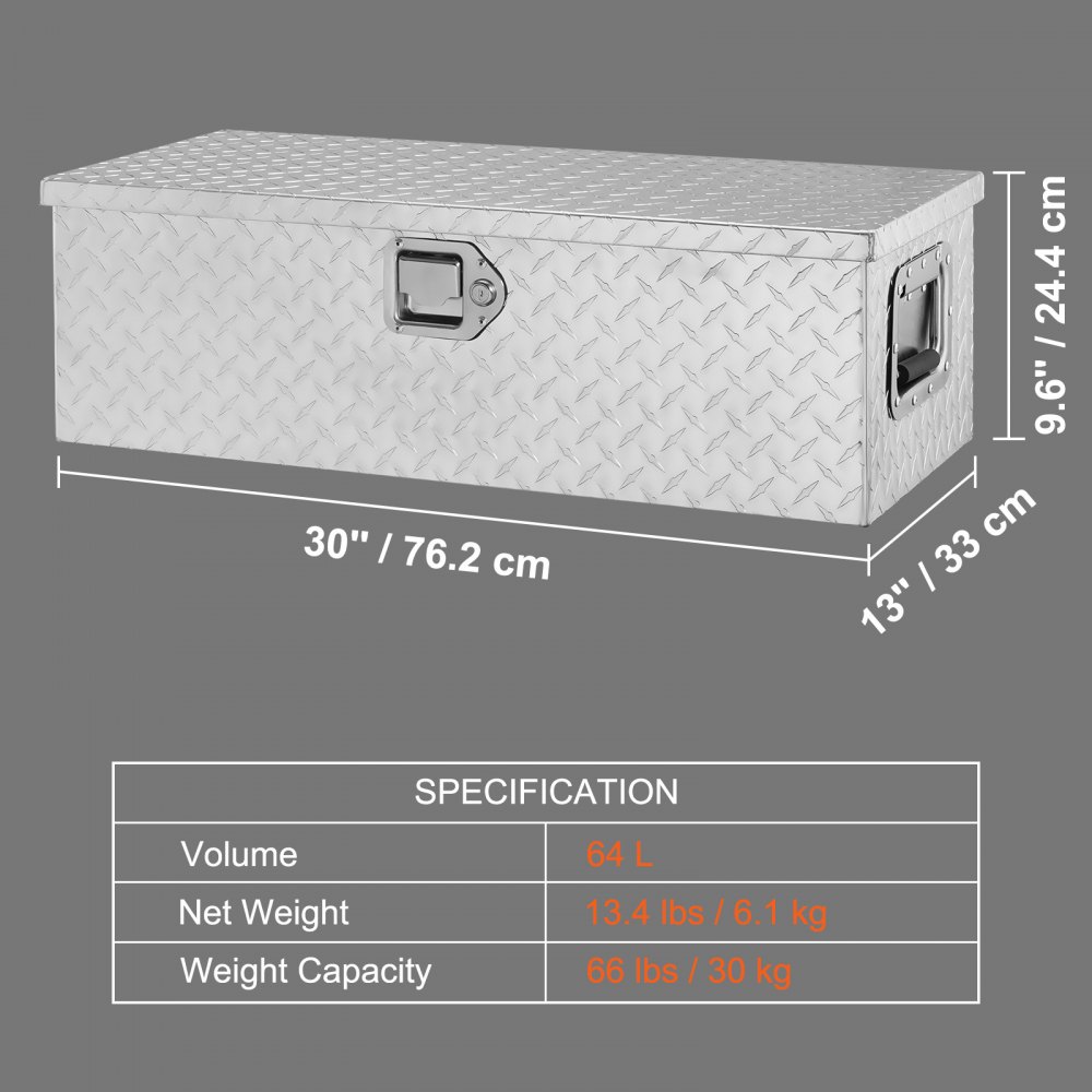 VEVOR aluminum truck bed tool box, 30&quot;x13&quot;x9.6&quot;, silver, 64l, 13.4 lbs, 66 lbs weight capacity.