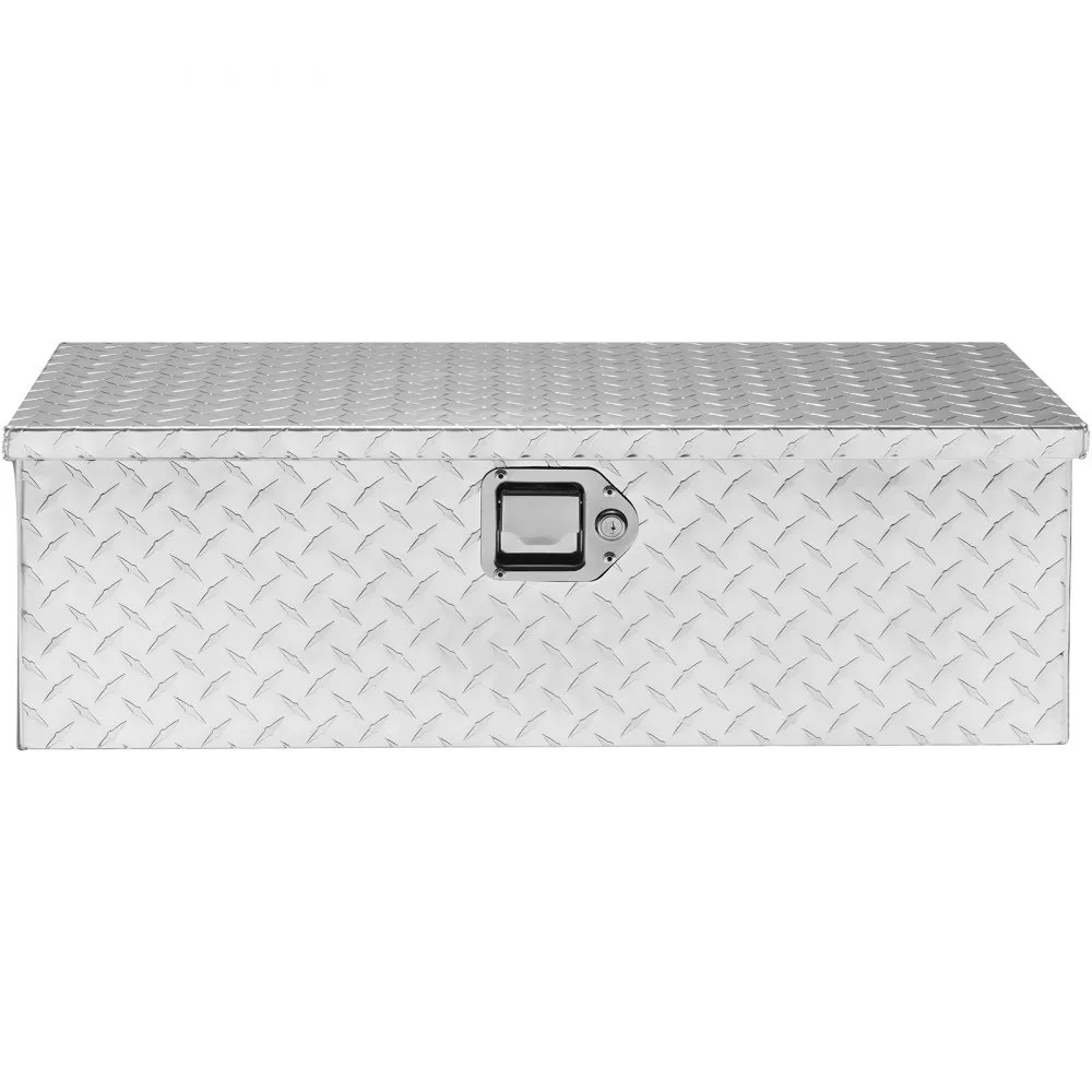VEVOR aluminum truck bed tool box with diamond plate design and central latch lock.