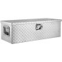 VEVOR aluminum truck bed tool box with diamond plate pattern, side handles, and central lock mechanism.