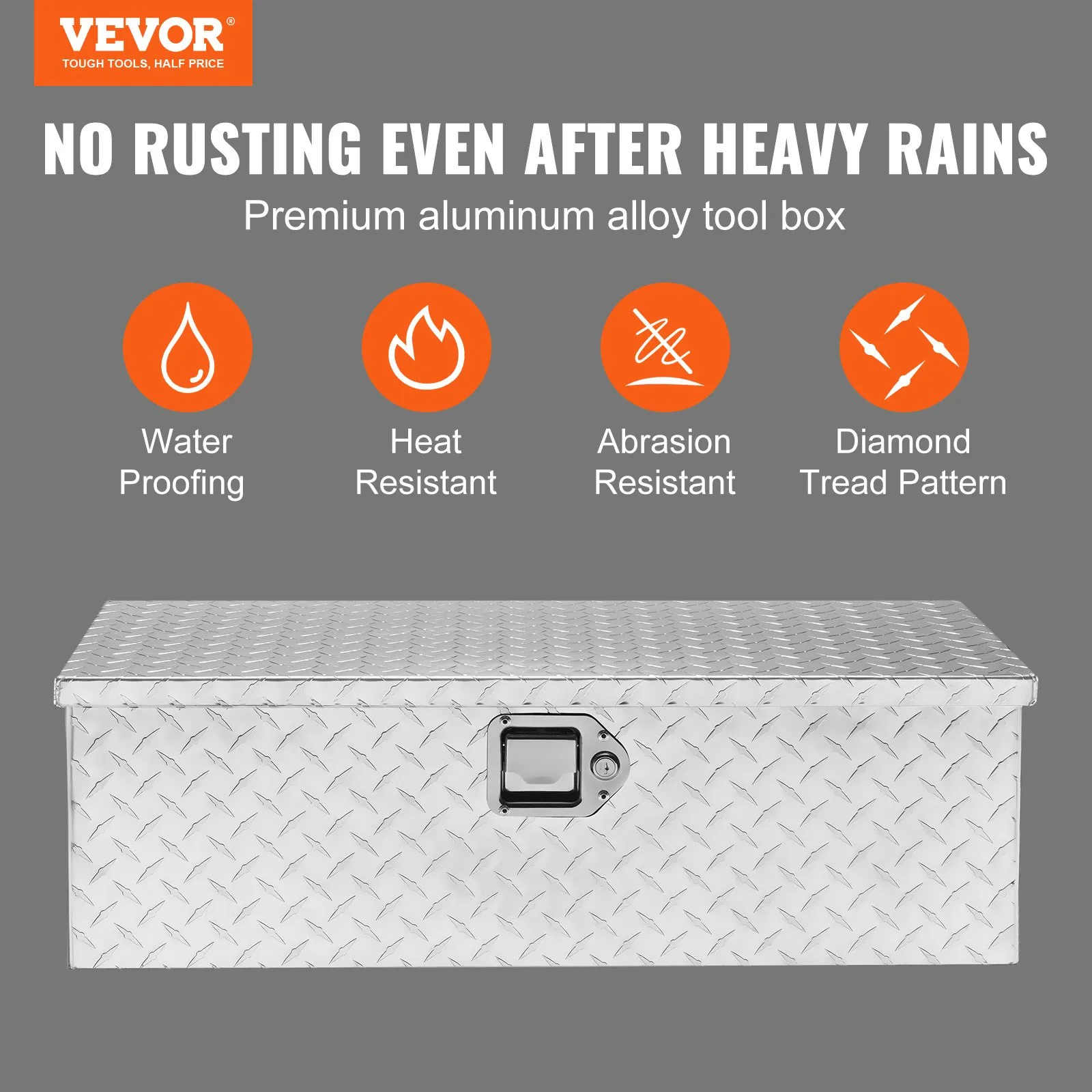 VEVOR aluminum truck bed tool box; waterproof, heat and abrasion resistant, diamond tread pattern.