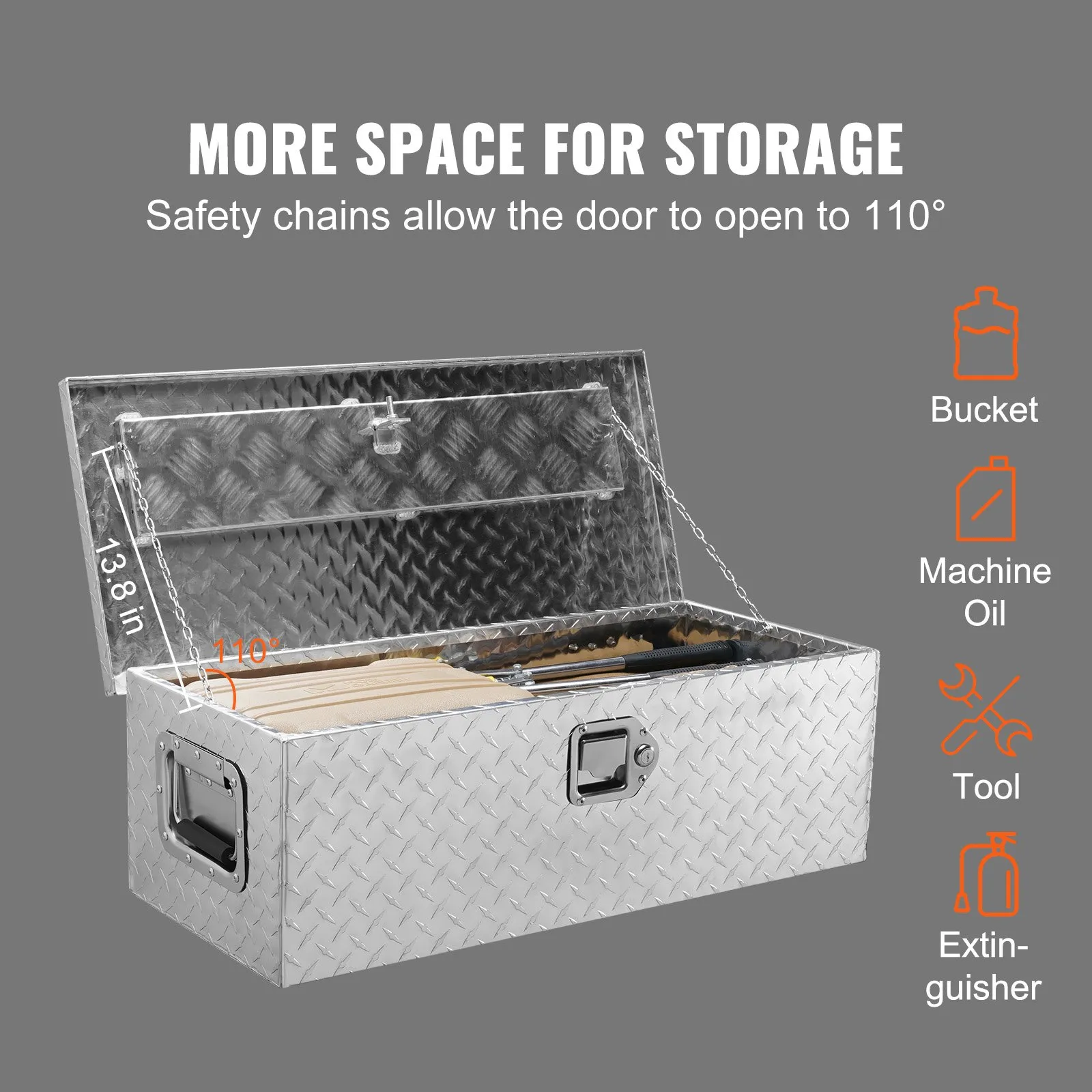 VEVOR aluminum truck bed tool box open, showing interior storage with a 110° lid angle.