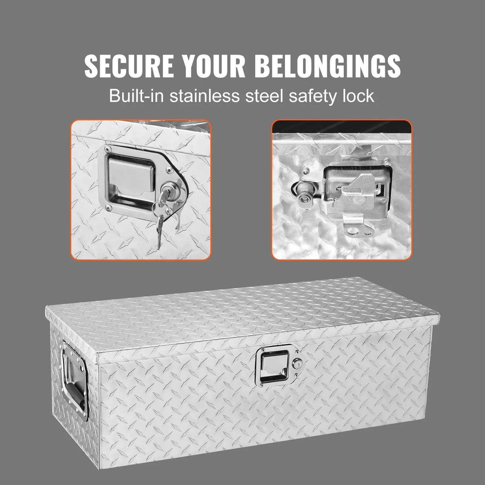 VEVOR aluminum truck bed tool box with built-in stainless steel safety lock securing belongings.