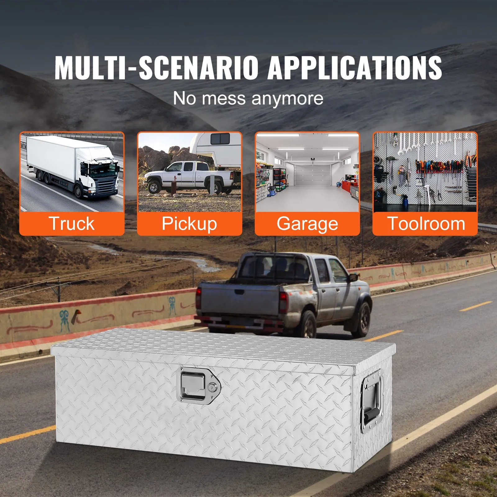 VEVOR aluminum truck bed tool box on road with multi-scenario applications for truck, pickup, garage, toolroom.