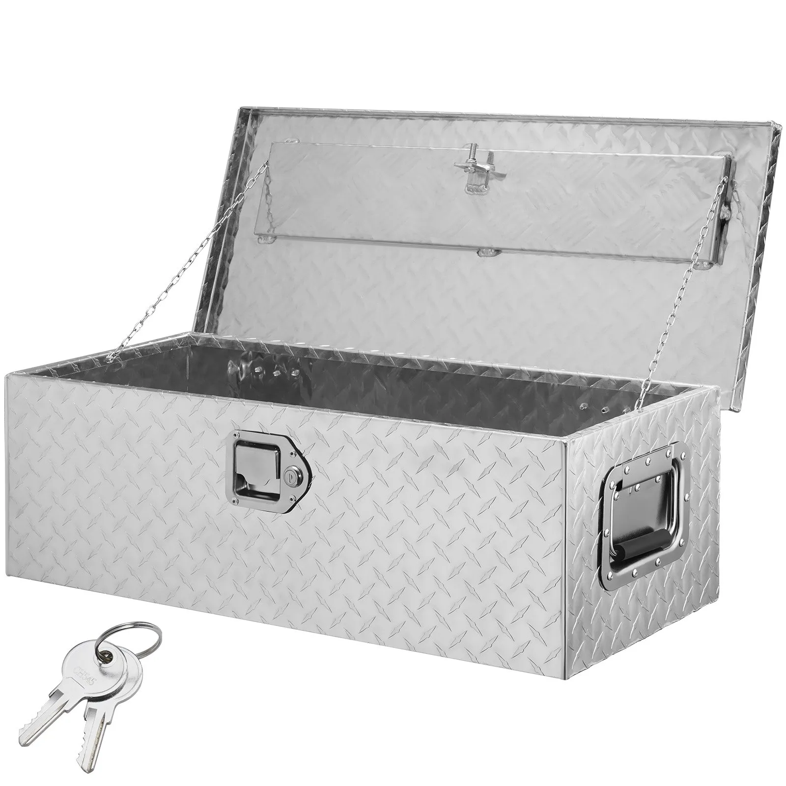 VEVOR aluminum truck bed tool box with diamond plate design, open lid, side handles, and keys.