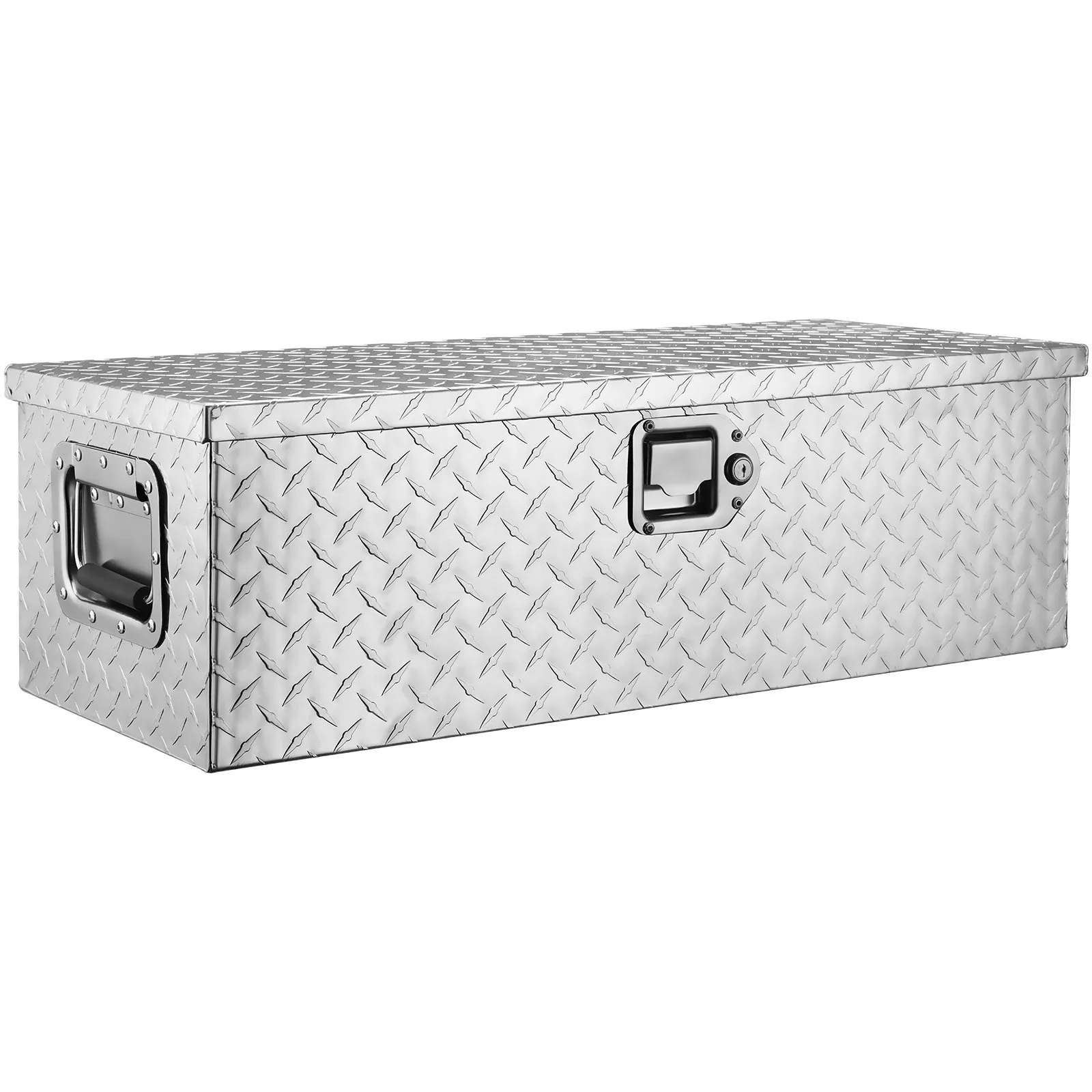 VEVOR aluminum truck bed tool box with diamond plate pattern, side handles, and central lock mechanism.