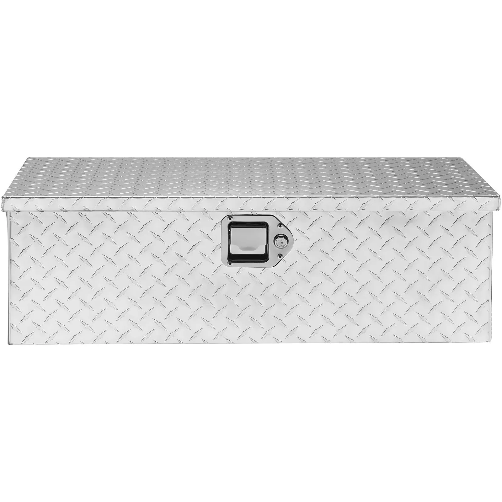 VEVOR aluminum truck bed tool box with diamond plate design and central latch lock.