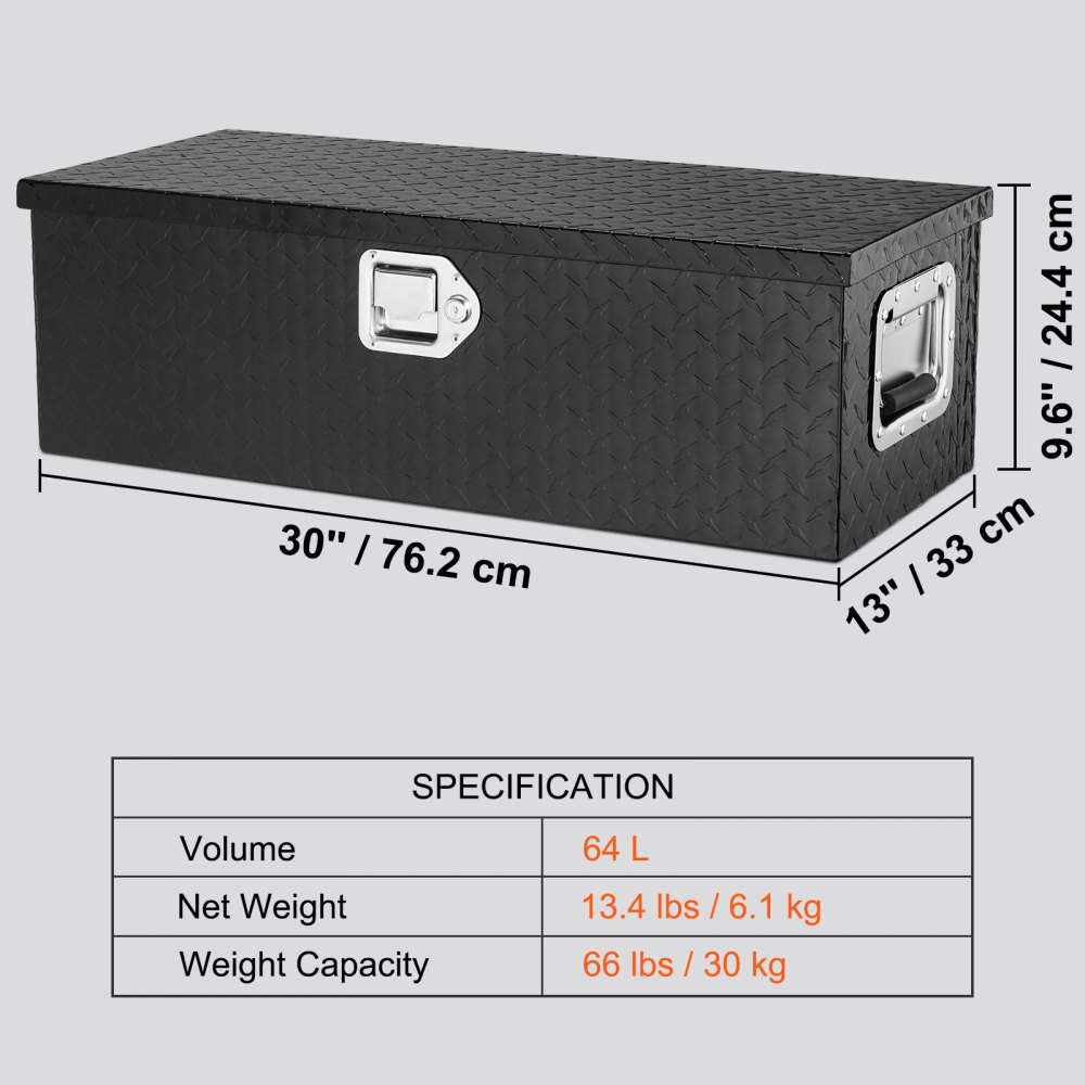 VEVOR Heavy Duty Aluminum Truck Bed Tool Box, Diamond Plate Tool Box with Side Handle and Lock Keys, Storage Tool Box Chest Box Organizer for Pickup, Truck Bed, RV, Trailer, 30"x13"x9.6", Black