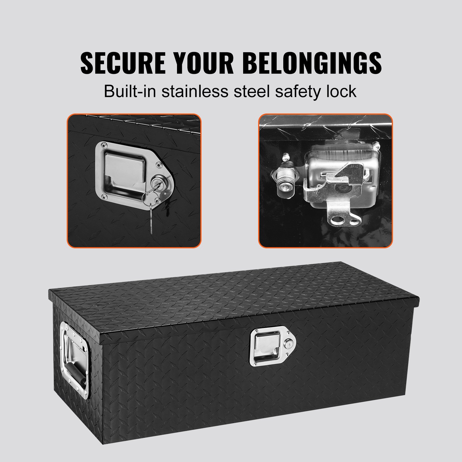 VEVOR Heavy Duty Aluminum Truck Bed Tool Box, Diamond Plate Tool Box with Side Handle and Lock Keys, Storage Tool Box Chest Box Organizer for Pickup, Truck Bed, RV, Trailer, 30"x13"x9.6", Black