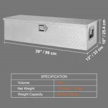 VEVOR Heavy Duty Aluminum Truck Bed Tool Box, Diamond Plate Tool Box with Side Handle and Lock Keys, Storage Tool Box Chest Box Organizer for Pickup, Truck Bed, RV, Trailer, 39"x13"x10", Silver