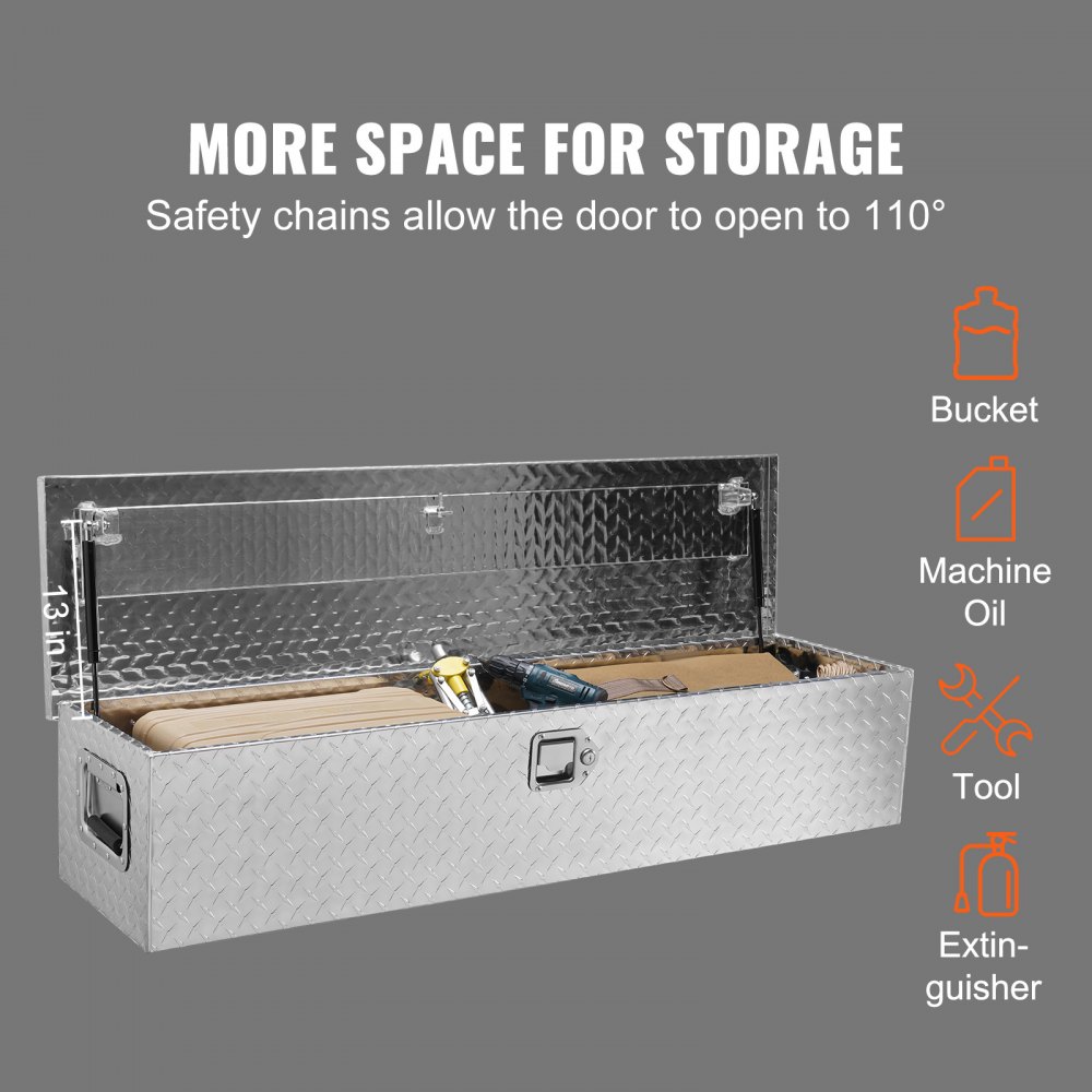 VEVOR truck bed tool box with open lid, safety chains, and stored tools, providing extra storage space.
