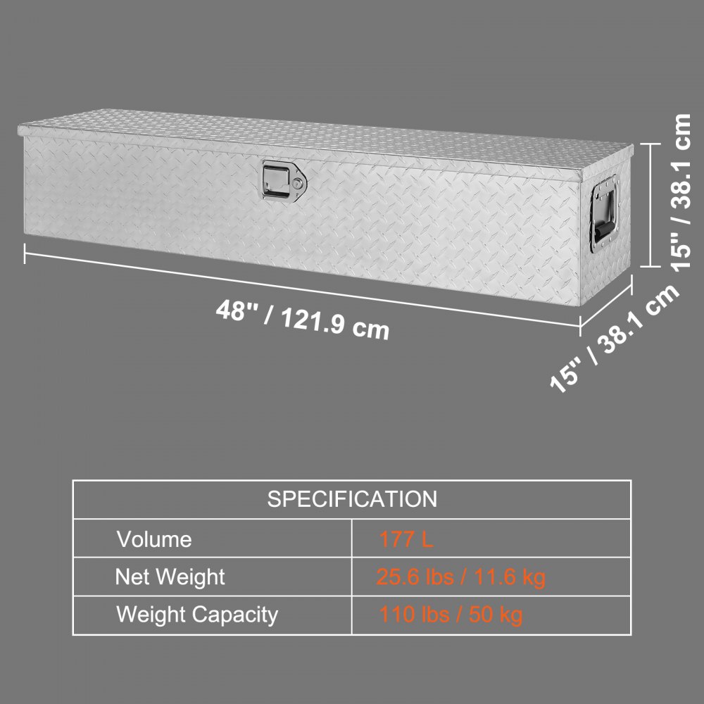 VEVOR truck bed tool box dimensions and specifications: 48&quot;x15&quot;x15&quot;, 177 l, 25.6 lbs, 110 lbs capacity.