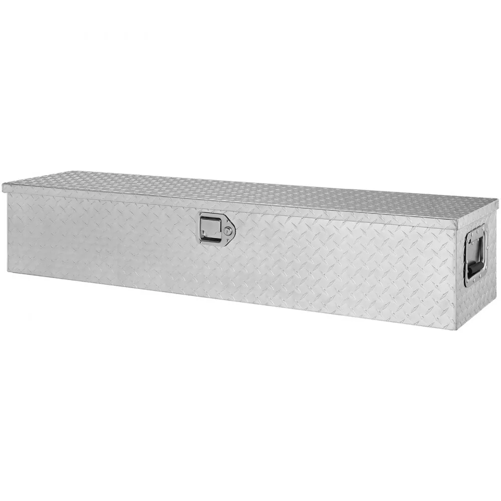 silver aluminum VEVOR truck bed tool box with diamond plate pattern and lockable latch.