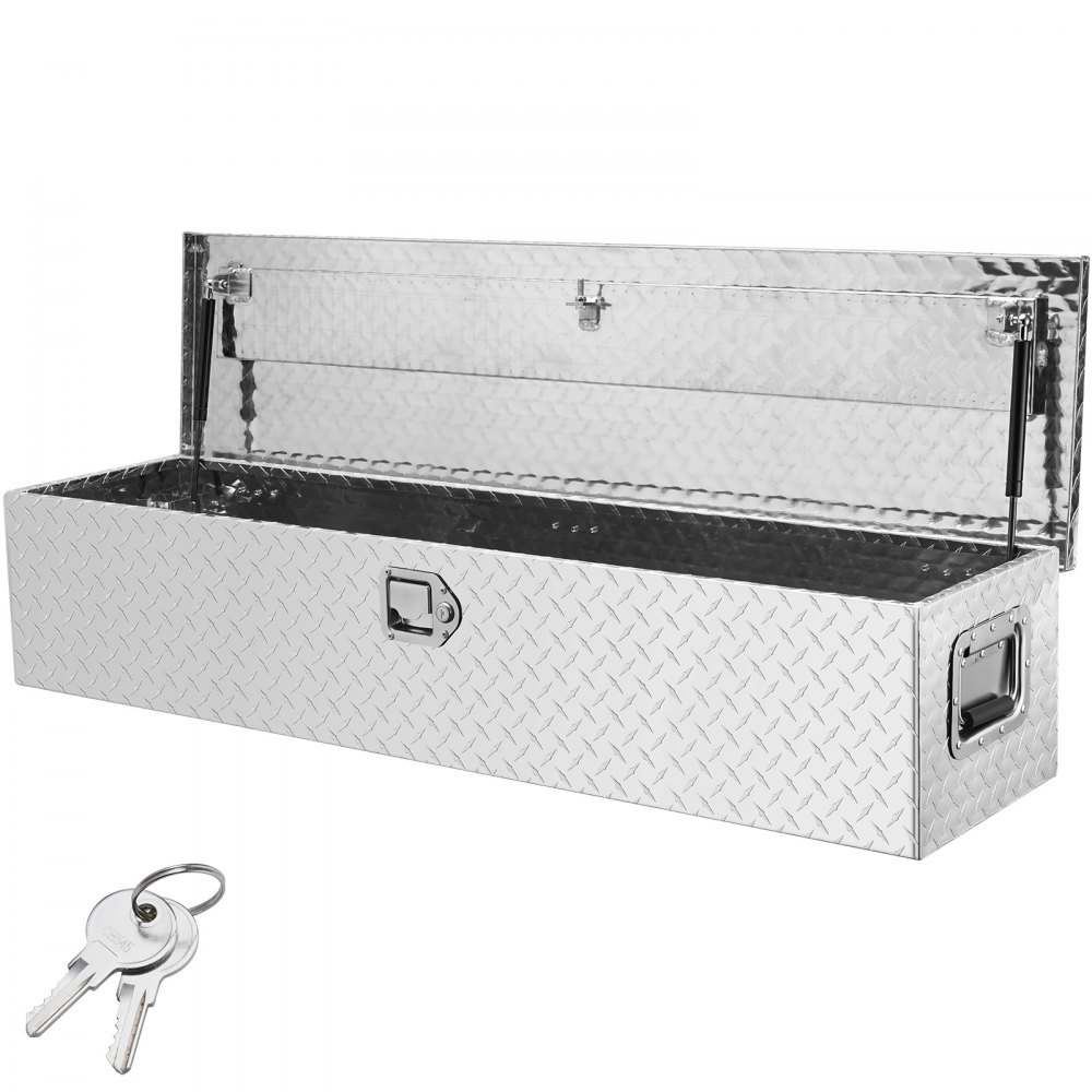 VEVOR Heavy Duty Aluminum Truck Bed Tool Box, Diamond Plate Tool Box with Side Handle and Lock Keys, Storage Tool Box Chest Box Organizer for Pickup, Truck Bed, RV, Trailer, 121.9x38.1x38.1 cm, Silver
