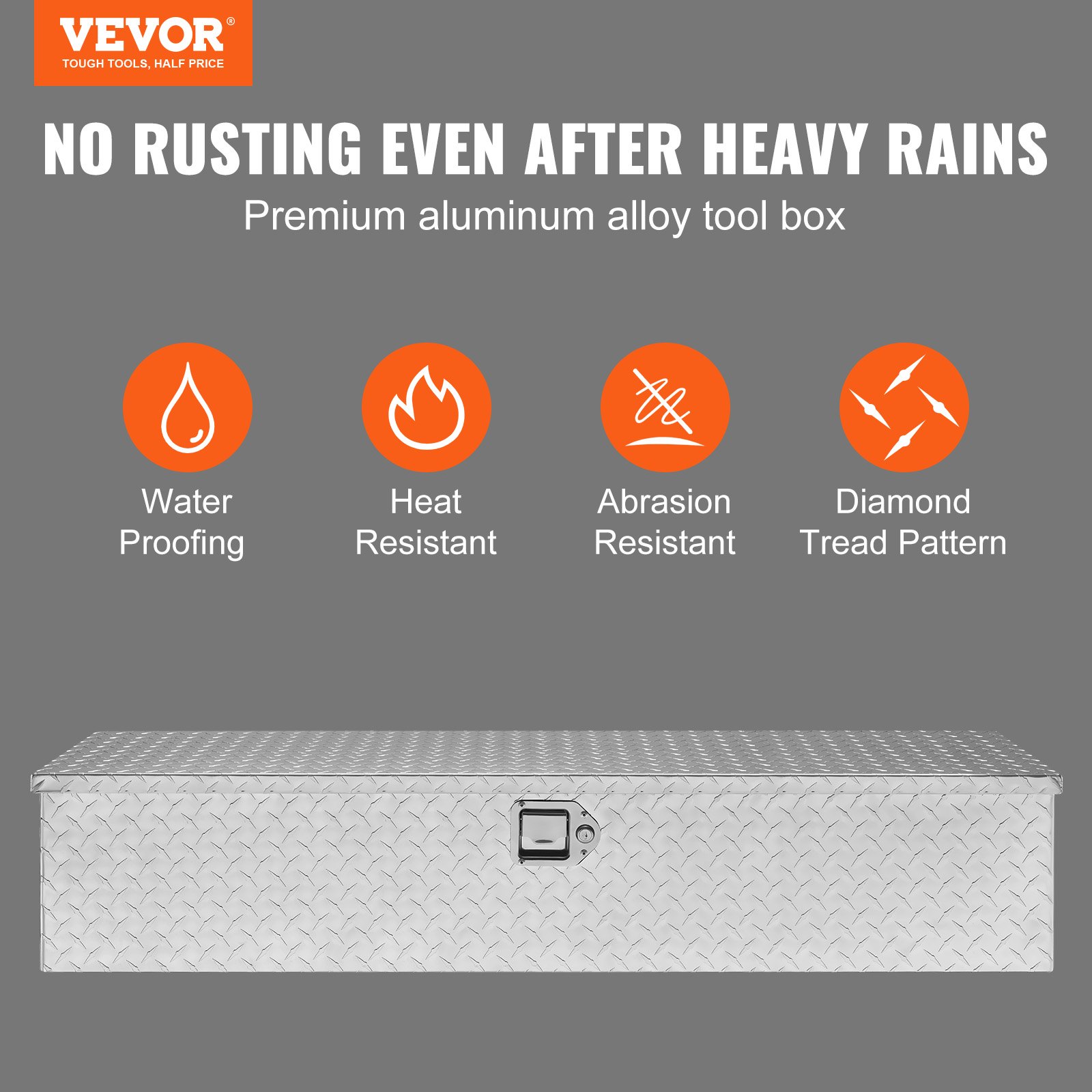 VEVOR truck bed tool box: waterproof, heat and abrasion resistant, diamond tread pattern, durable.