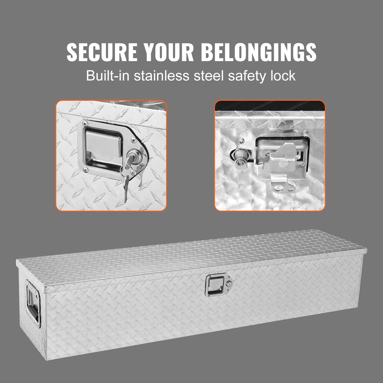 VEVOR truck bed tool box with built-in stainless steel safety lock for secure storage.