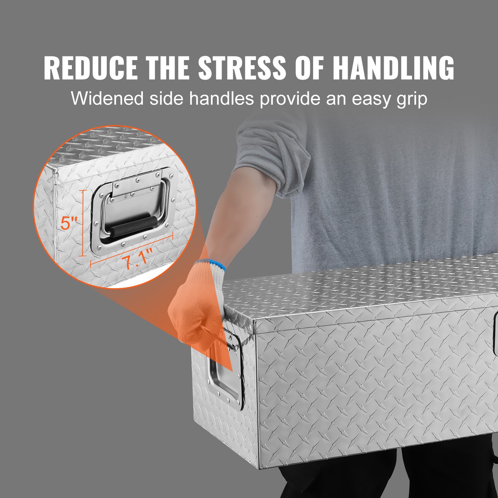 person lifting VEVOR truck bed tool box with widened side handles for easy grip and stress-free handling.