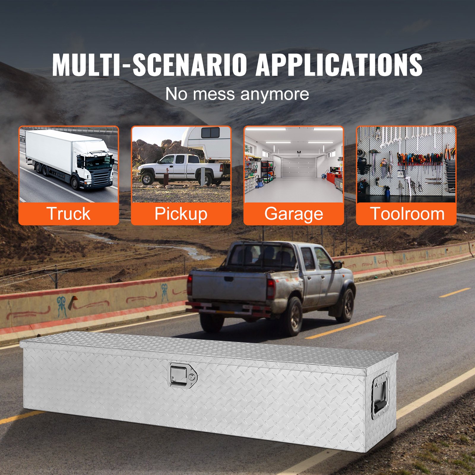 VEVOR truck bed tool box on road, shown for use in trucks, pickups, garages, and toolrooms.