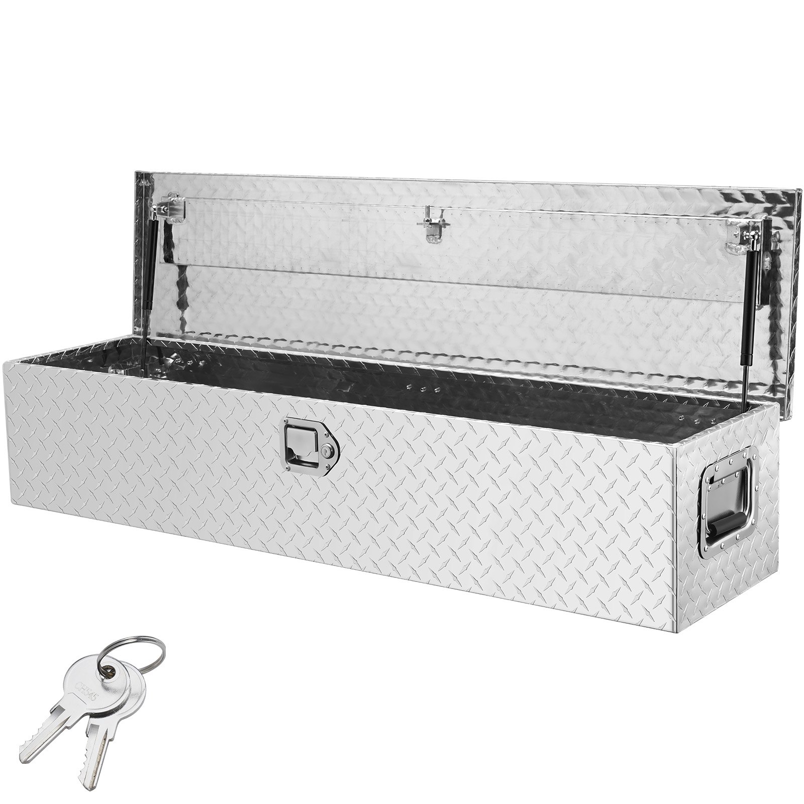 VEVOR truck bed tool box with diamond plate design, metal handles, open lid, and two keys included.