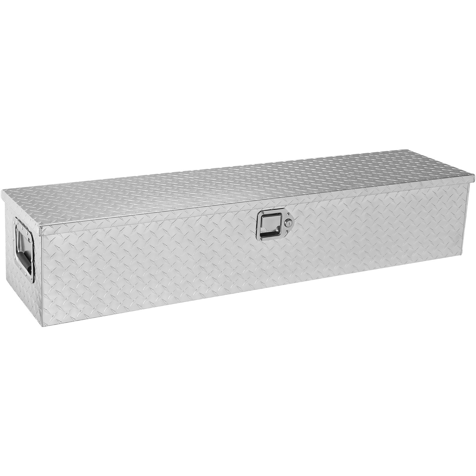 VEVOR truck bed tool box with diamond-patterned aluminum body, side handles, and central lock.