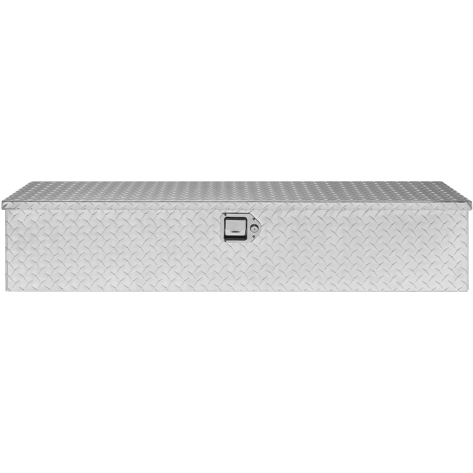 silver VEVOR truck bed tool box with diamond plate pattern and centered lock.