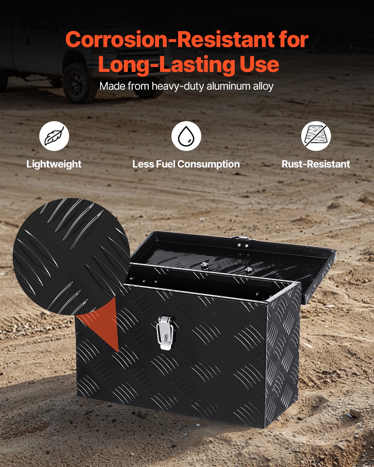 VEVOR Heavy Duty Aluminum Truck Bed Tool Box, Stripes Plated Tool Box with Side Handle and Top Handle, Storage Toolbox Chest Organizer for Trailer, Pickup, RV, 16"x7.5"x10"(406x190x254mm), Black