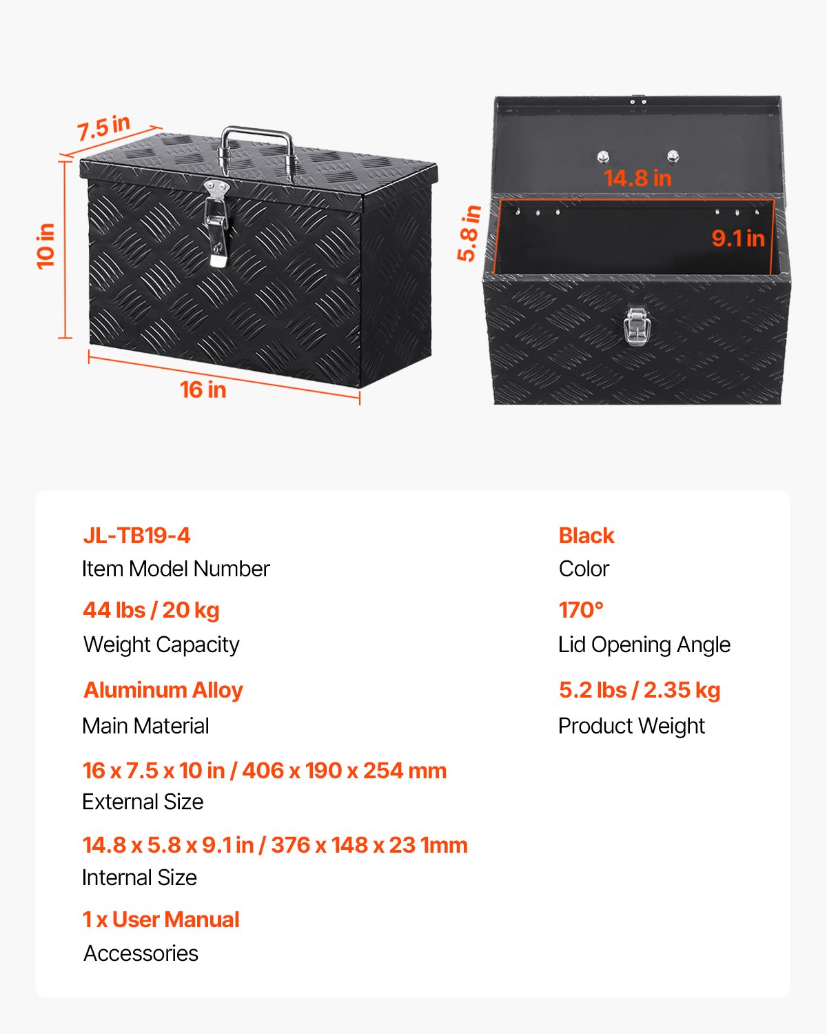 VEVOR Heavy Duty Aluminum Truck Bed Tool Box, Stripes Plated Tool Box with Side Handle and Top Handle, Storage Toolbox Chest Organizer for Trailer, Pickup, RV, 16"x7.5"x10"(406x190x254mm), Black