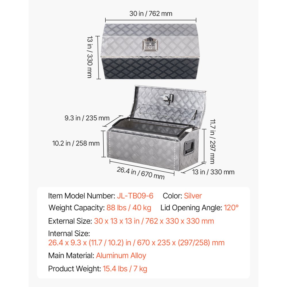 VEVOR Heavy Duty Aluminum Truck Bed Tool Box, Stripes Plated Tool Box with Side Handle and T-Lock Keys, Storage Toolbox Chest Organizer for Trailer, Pickup, RV, 30"x13"x13"(762x330.2x330.2mm), Silver