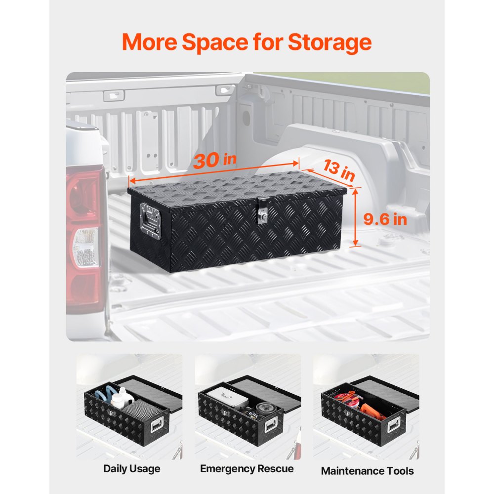 VEVOR Heavy Duty Aluminum Truck Bed Tool Box, Stripes Plated Tool Box with Side Handle and Lock Keys, Storage Toolbox Chest Organizer for Trailer, Pickup, RV, 30"x13"x9.6"(762x330.2x243.84mm), Black