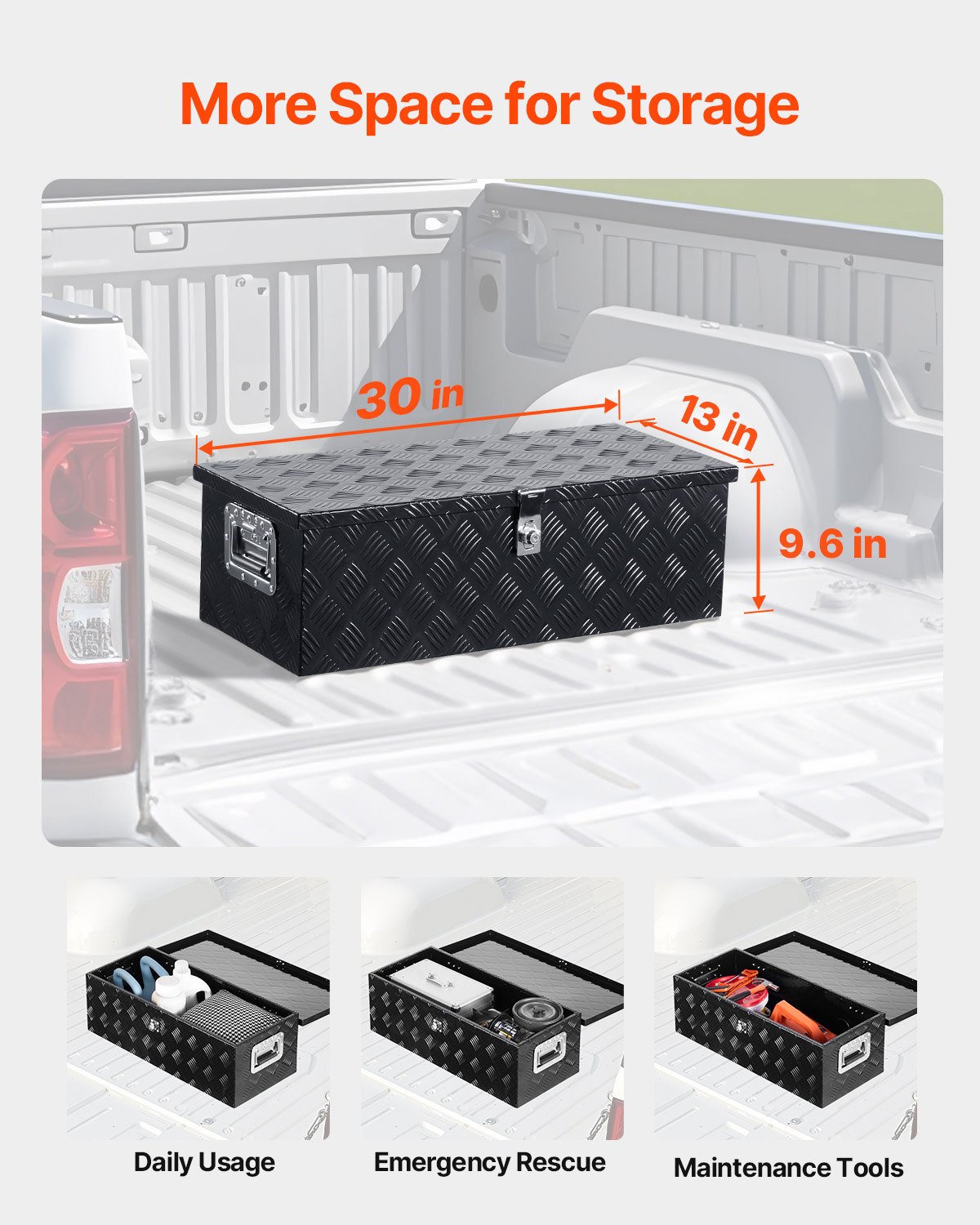 VEVOR Heavy Duty Aluminum Truck Bed Tool Box, Stripes Plated Tool Box with Side Handle and Lock Keys, Storage Toolbox Chest Organizer for Trailer, Pickup, RV, 30"x13"x9.6"(762x330.2x243.84mm), Black