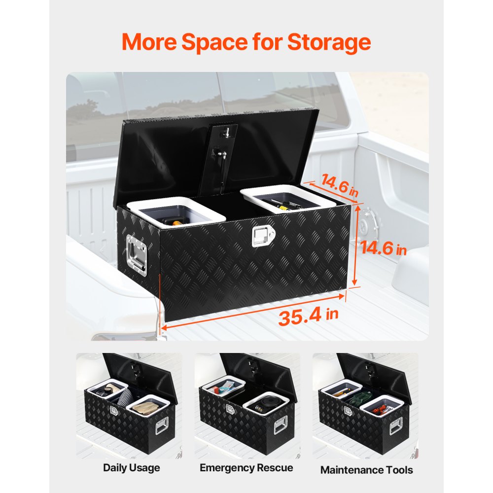 VEVOR Heavy Duty Aluminum Truck Bed Tool Box, Stripes Plated Tool Box with Sliding Shelf, Side Handle, Lock & Keys, Storage Toolbox Chest for Trailer, Pickup, 35.4"x14.6"x14.6"(899x370x370mm), Black