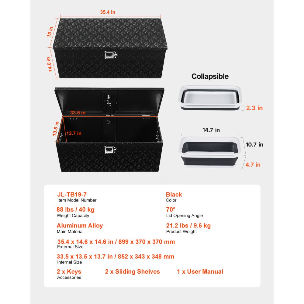 VEVOR Heavy Duty Aluminum Truck Bed Tool Box, Stripes Plated Tool Box with Sliding Shelf, Side Handle, Lock & Keys, Storage Toolbox Chest for Trailer, Pickup, 35.4"x14.6"x14.6"(899x370x370mm), Black