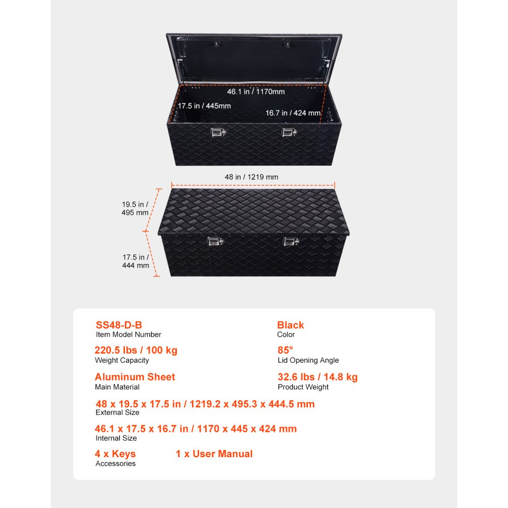 VEVOR Heavy Duty Aluminum Truck Bed Tool Box, Stripes Plated Tool Box with Side Handle and Locks Keys, Storage Toolbox Chest Organizer for Trailer, Pickup, 48"x19.5"x17.5"(1219.2x495.3x444.5mm), Black