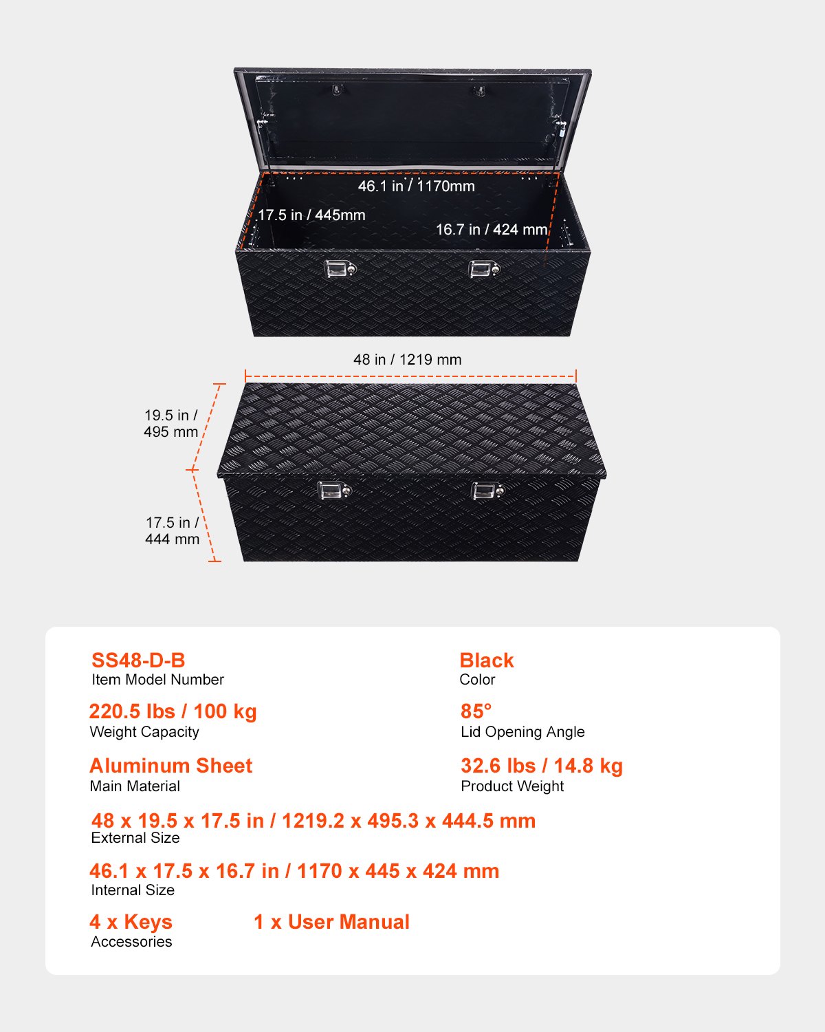 VEVOR Heavy Duty Aluminum Truck Bed Tool Box, Stripes Plated Tool Box with Side Handle and Locks Keys, Storage Toolbox Chest Organizer for Trailer, Pickup, 48"x19.5"x17.5"(1219.2x495.3x444.5mm), Black