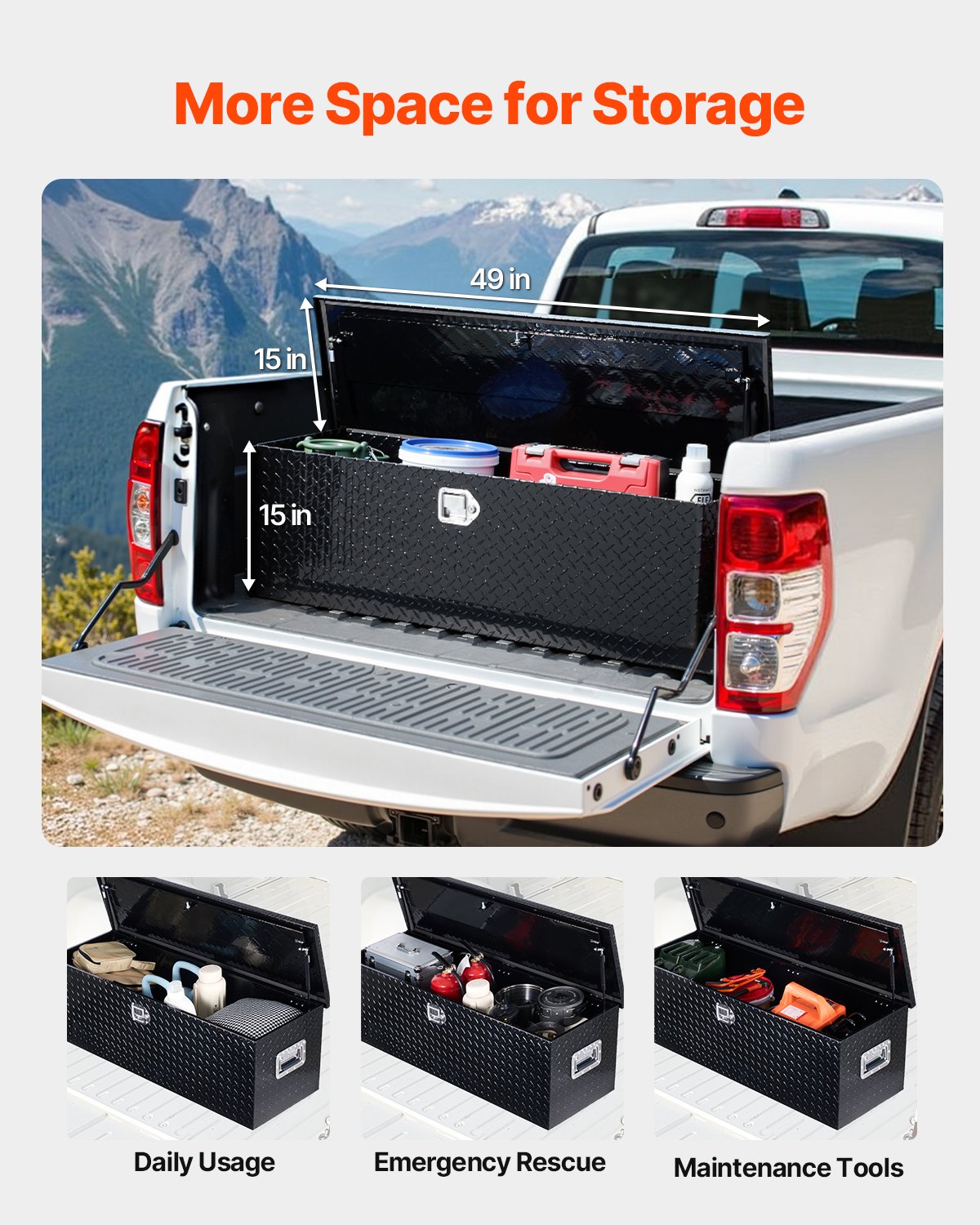 VEVOR Heavy Duty Aluminum Truck Bed Tool Box, Diamond Plate Tool Box with Side Handle and Lock Keys, Storage Toolbox Chest Organizer for Trailer, Pickup, RV, 49"x15"x15"(1244.6x381x381mm), Black