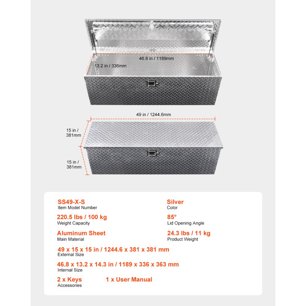 VEVOR Heavy Duty Aluminum Truck Bed Tool Box, Diamond Plate Tool Box with Side Handle and Lock Keys, Storage Toolbox Chest Organizer for Trailer, Pickup, RV, 49"x15"x15"(1244.6x381x381mm), Silver