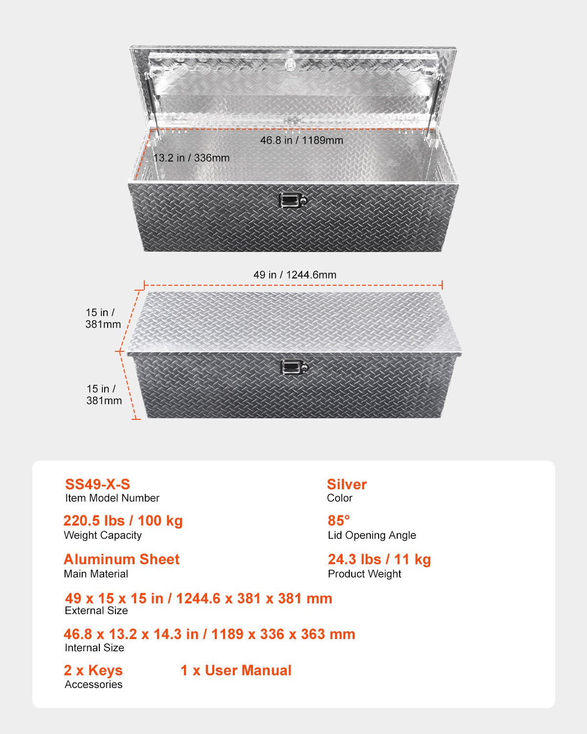 VEVOR Heavy Duty Aluminum Truck Bed Tool Box, Diamond Plate Tool Box with Side Handle and Lock Keys, Storage Toolbox Chest Organizer for Trailer, Pickup, RV, 49"x15"x15"(1244.6x381x381mm), Silver