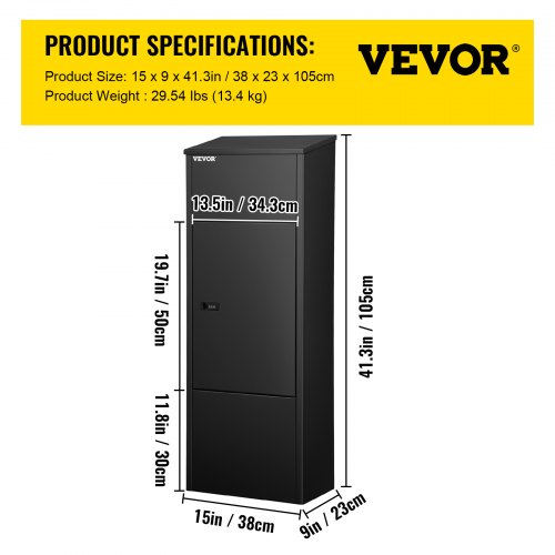 VEVOR Mail Package Drop Box, 15'' x 9'' x 41.3'' Package Parcel Box, Galvanized Steel Parcel Drop Box, Mailbox w/Code Lock, Secure Postbox w/Hardware, Delivery Box for Porch, Curbside & Outside, Black
