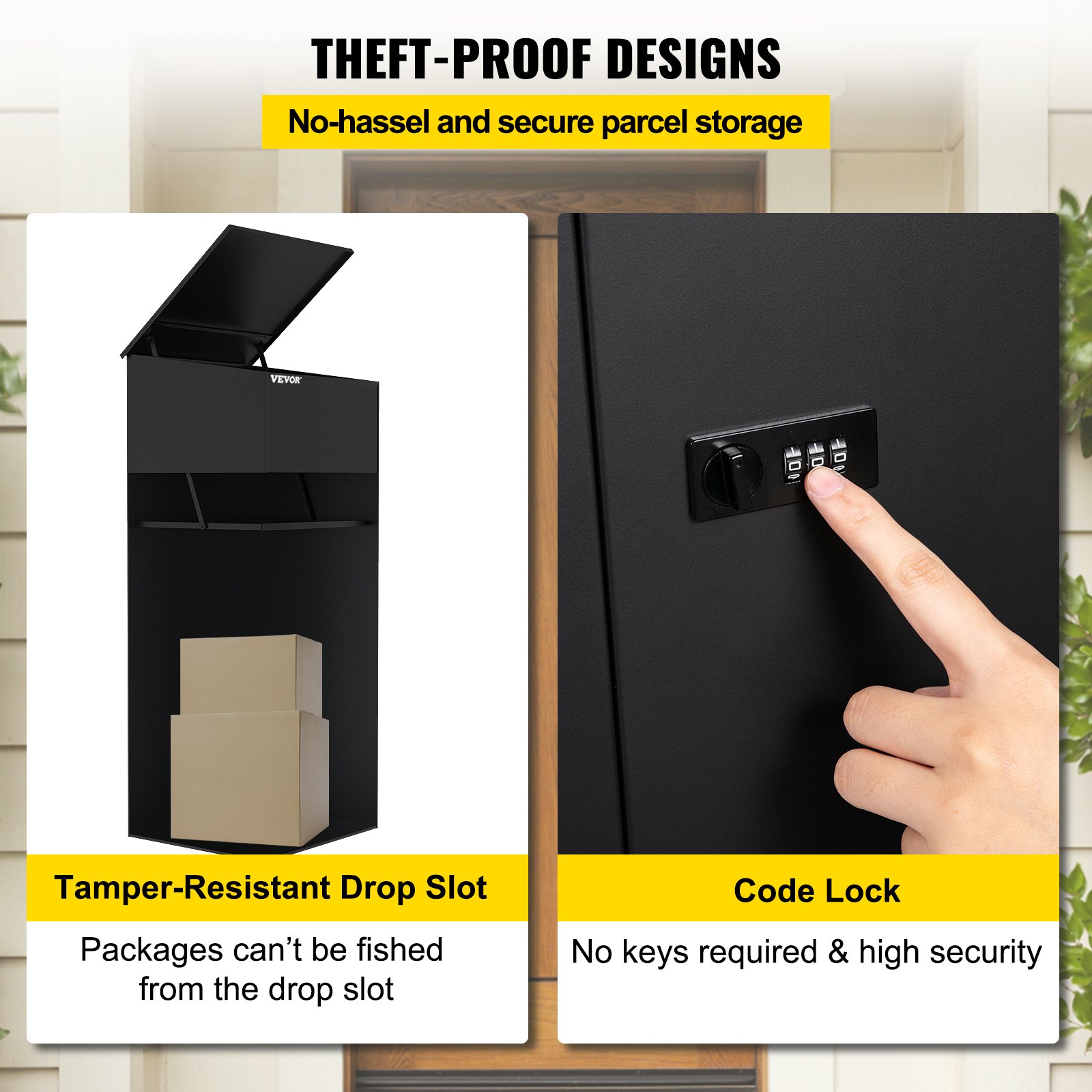 VEVOR Mail Package Drop Box, 15'' x 9'' x 41.3'' Package Parcel Box, Galvanized Steel Parcel Drop Box, Mailbox w/Code Lock, Secure Postbox w/Hardware, Delivery Box for Porch, Curbside & Outside, Black