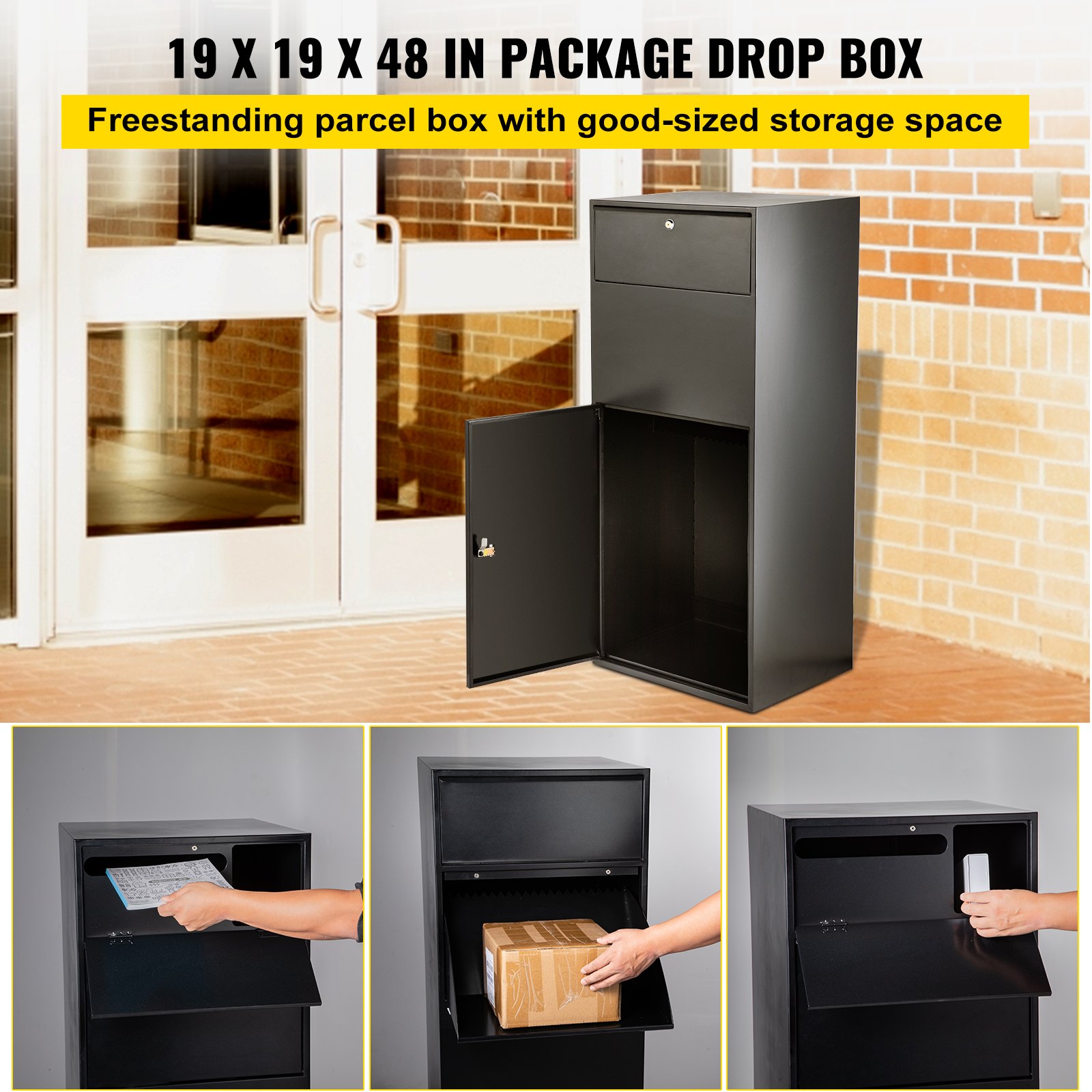 VEVOR Mail Package Drop Box, 19" x 19" x 48" Package Parcel Box with Locking Letterbox, Parcel Drop Box, Delivery Box w/Anchoring Fittings, Secure Steel Mailbox for Curbside, Porch, Outside & Home