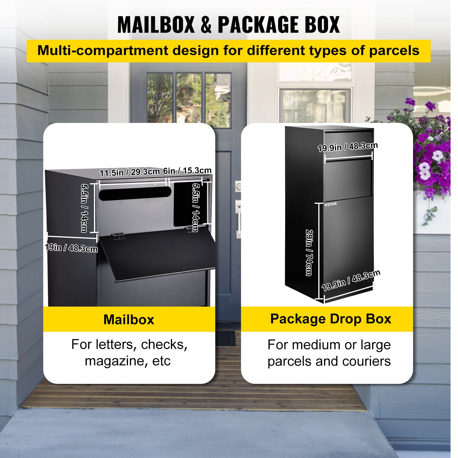 VEVOR Mail Package Drop Box, 19" x 19" x 48" Package Parcel Box with Locking Letterbox, Parcel Drop Box, Delivery Box w/Anchoring Fittings, Secure Steel Mailbox for Curbside, Porch, Outside & Home