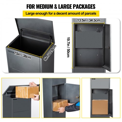 VEVOR Mail Package Drop Box, 15'' x 9'' x 41.3'' Package Parcel Box, Galvanized Steel Parcel Drop Box, Mailbox w/Code Lock, Secure Postbox w/Hardware, Delivery Box for Porch, Curbside & Outside, Gray