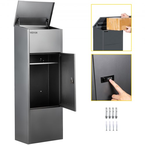 VEVOR Mail Package Drop Box, 15'' x 9'' x 41.3'' Package Parcel Box, Galvanized Steel Parcel Drop Box, Mailbox w/Code Lock, Secure Postbox w/Hardware, Delivery Box for Porch, Curbside & Outside, Gray