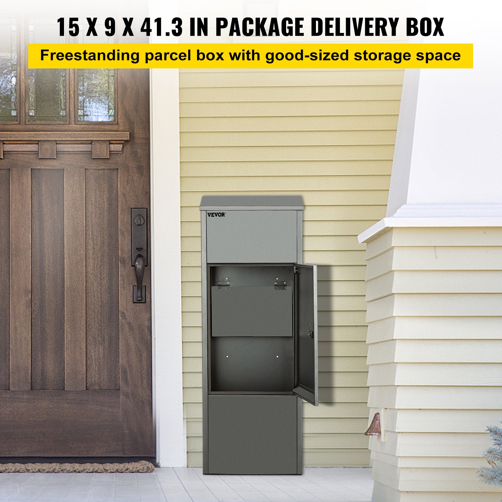VEVOR Mail Package Drop Box, 15'' x 9'' x 41.3'' Package Parcel Box, Galvanized Steel Parcel Drop Box, Mailbox w/Code Lock, Secure Postbox w/Hardware, Delivery Box for Porch, Curbside & Outside, Gray